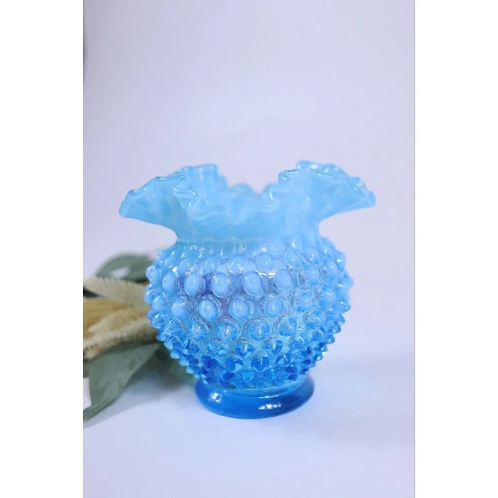 Vintage Fenton Opalescent Hobnail Ruffled Vase Light Turquoise 4.5”